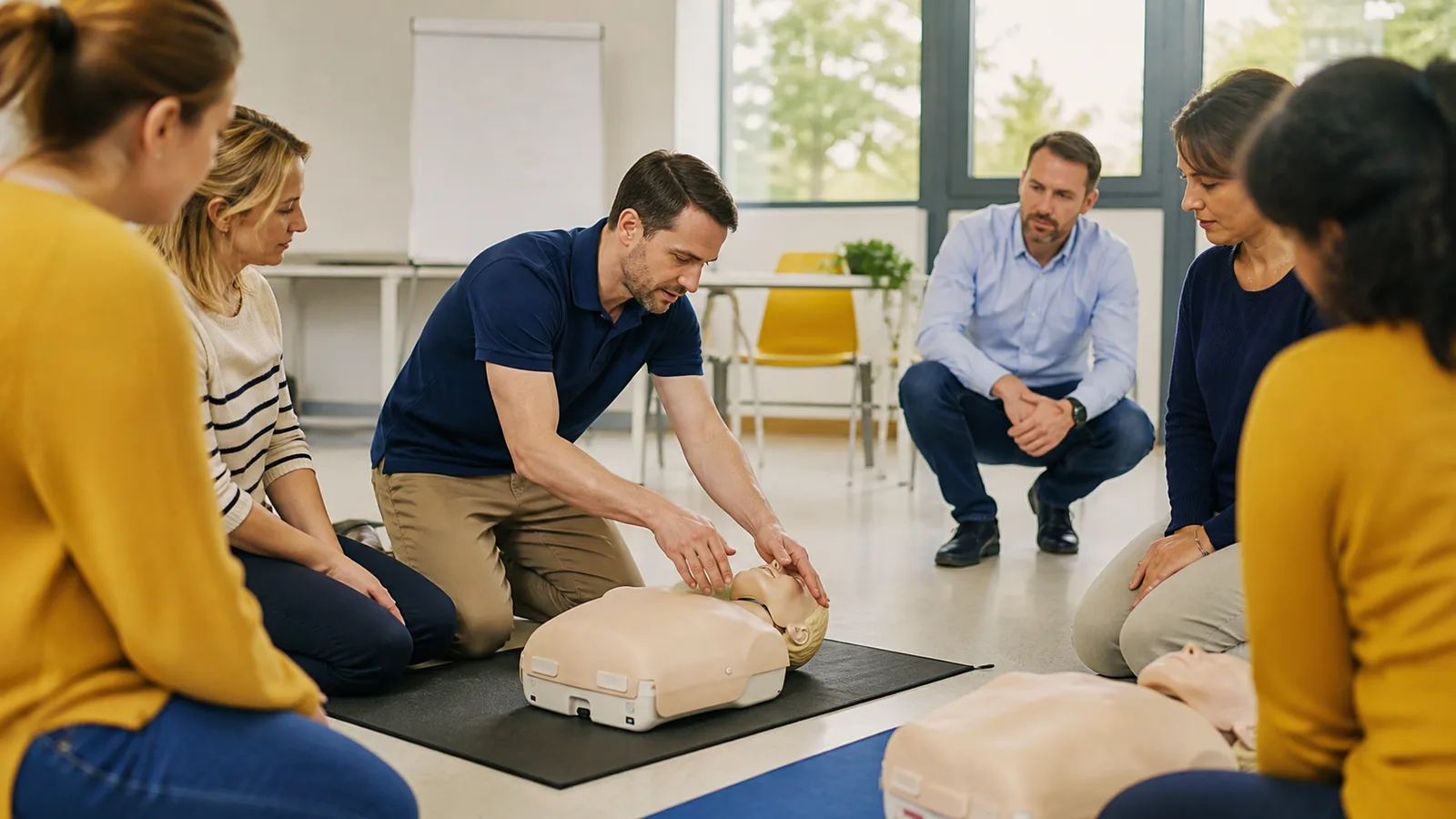 Exercice de gestes d’urgence sur mannequin en milieu scolaire