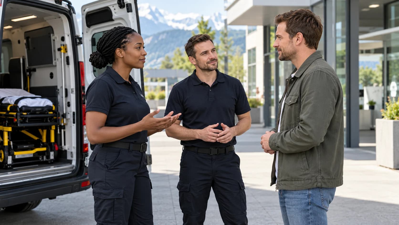 Illustration d’un exercice de coordination et de communication d’apaisement entre un équipage de transport sanitaire et un adulte volontaire